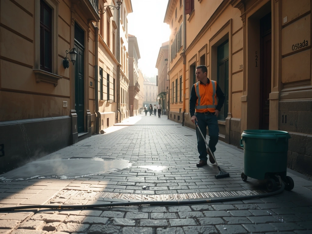 Prague street cleaning scene